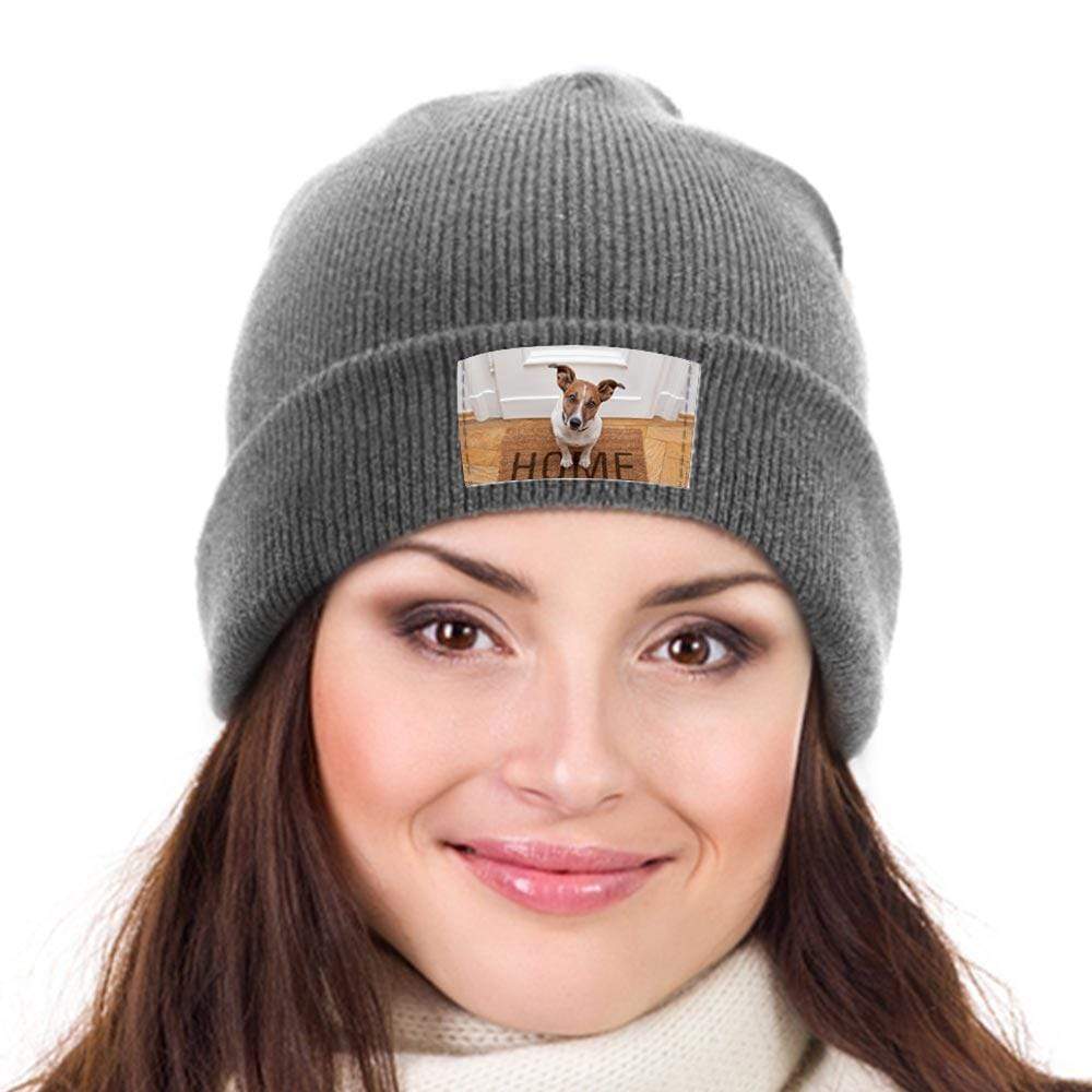 Personalized Photo Beanie Hat Custom Knitted Hats Gift-Light Gray - Giftlab
