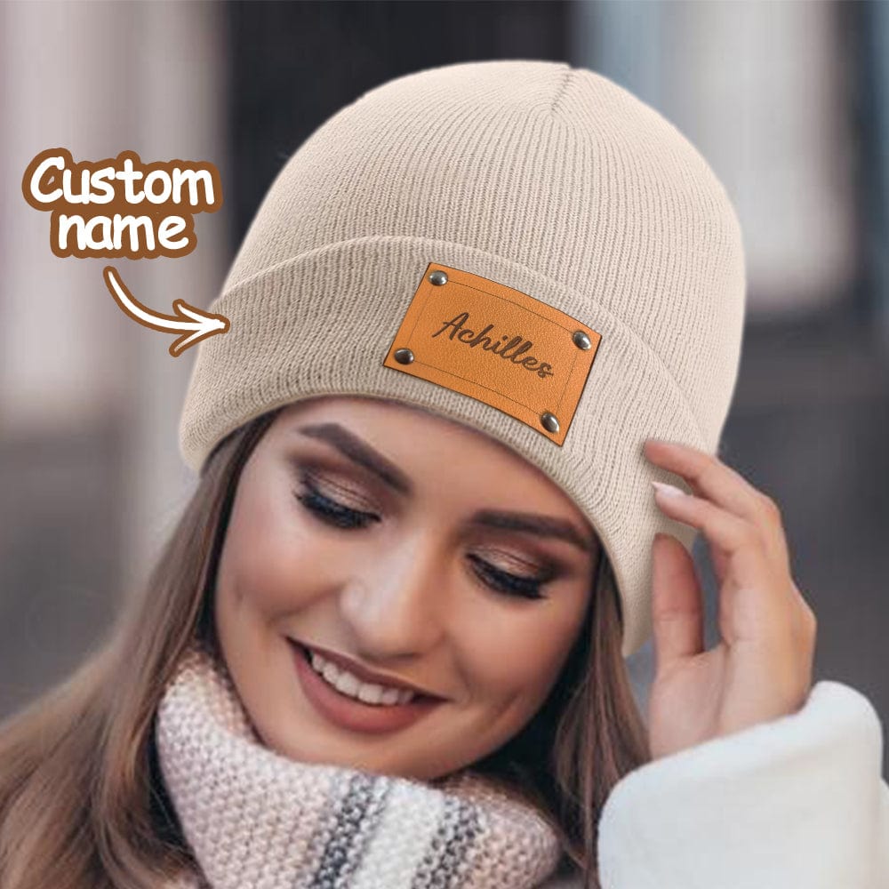 Personalized Baby Beanie Custom Name Leather Patch Beanie Gifts for Kids or Adult - Giftlab
