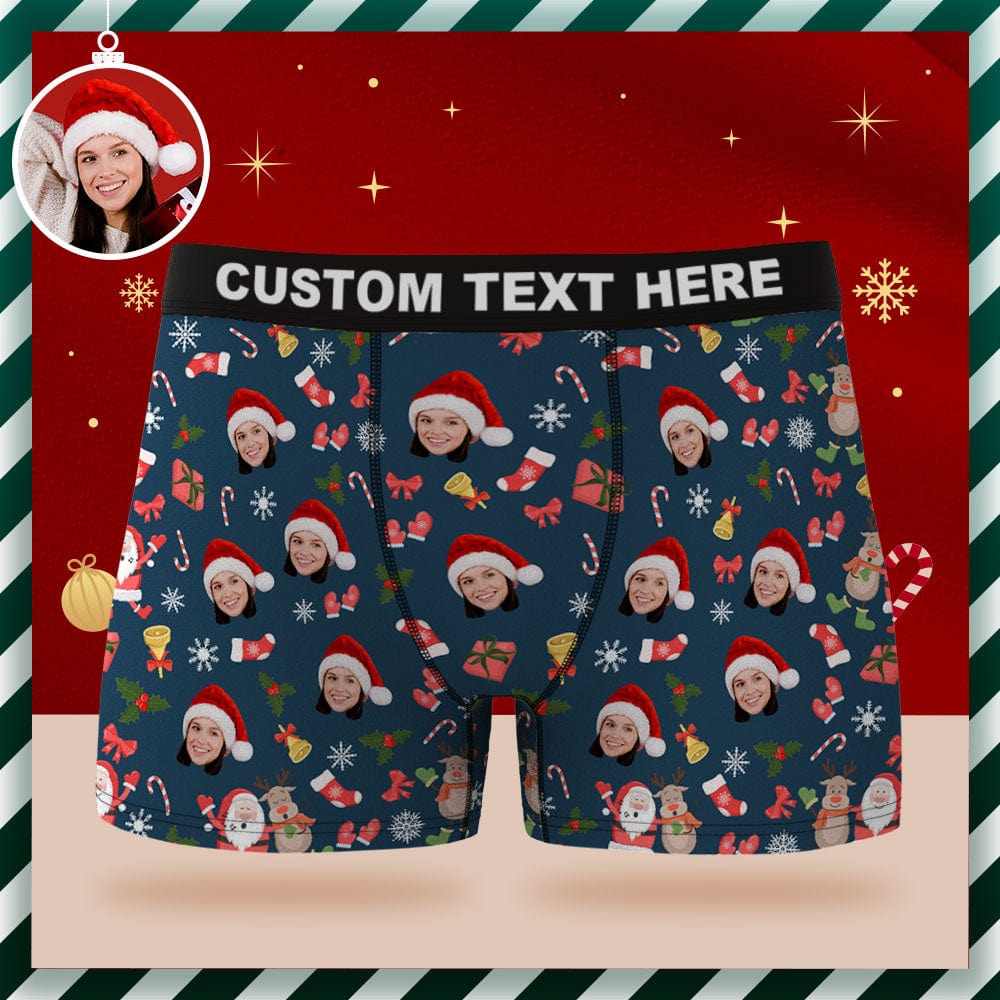 Custom Face Boxer Briefs Personalized Underwear Santa Claus and Elk Merry Christmas Gifts for Him - Giftlab