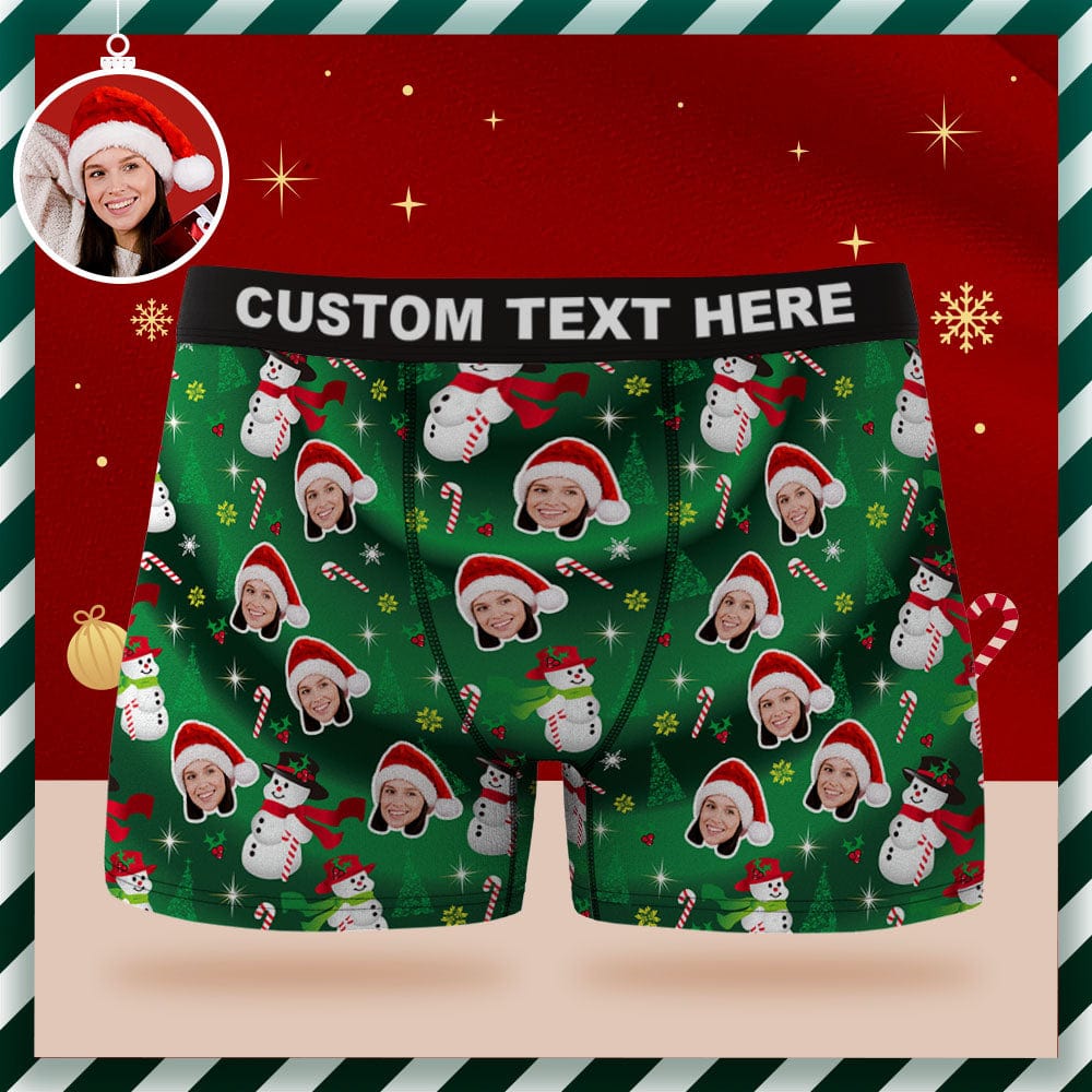 Custom Face Boxer Briefs Personalized Green Underwear Snowman Christmas Gifts for Him - Giftlab
