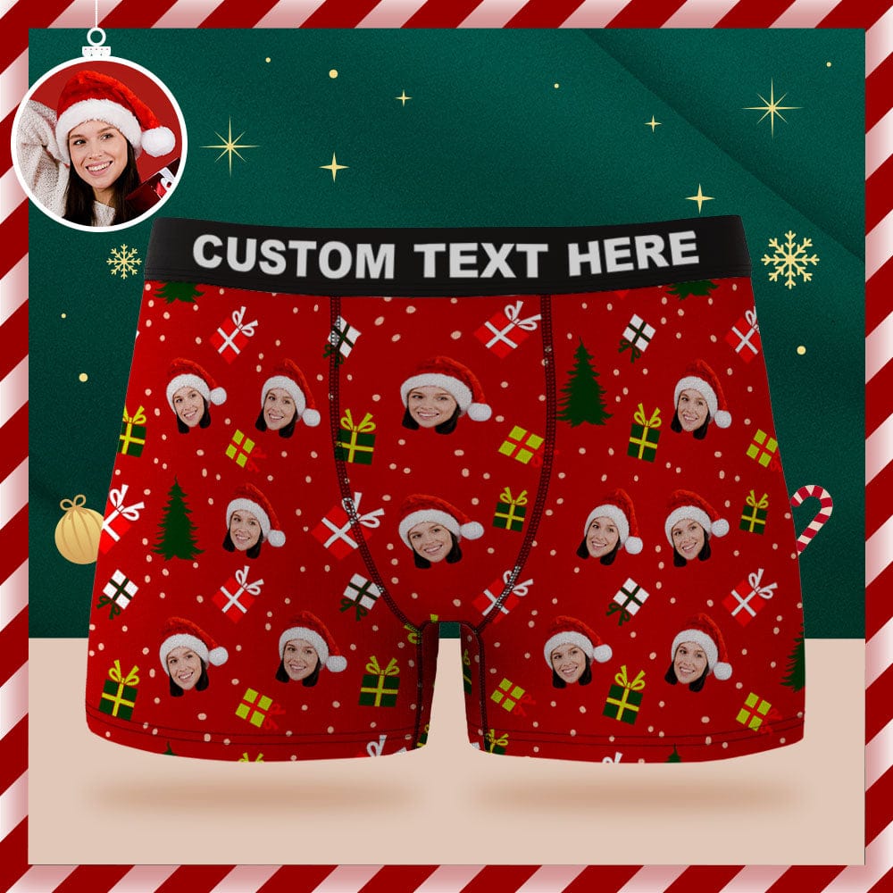 Custom Face Boxer Briefs Personalized Green Underwear Christmas Tree and Gifts Merry Christmas for Him - Giftlab