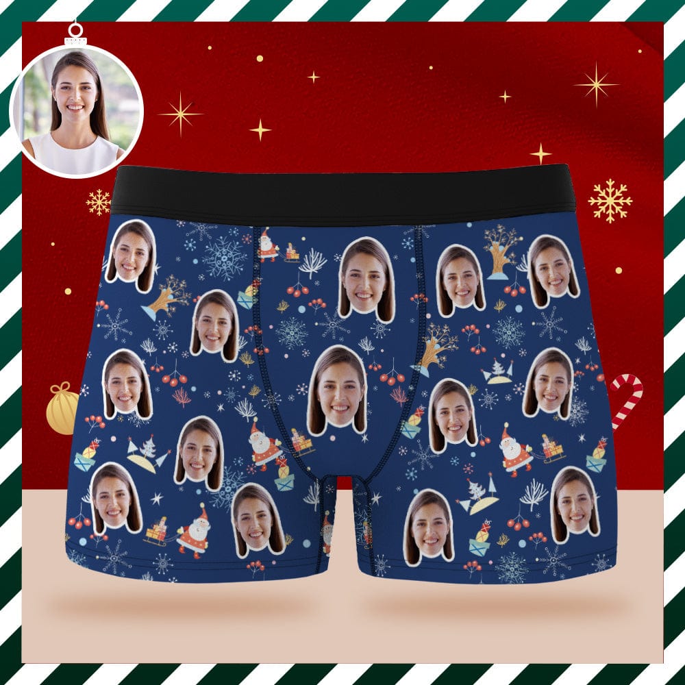 Custom Face Boxer Briefs Personalized Blue Underwear Santa Claus Merry Christmas Gift for Him - Giftlab