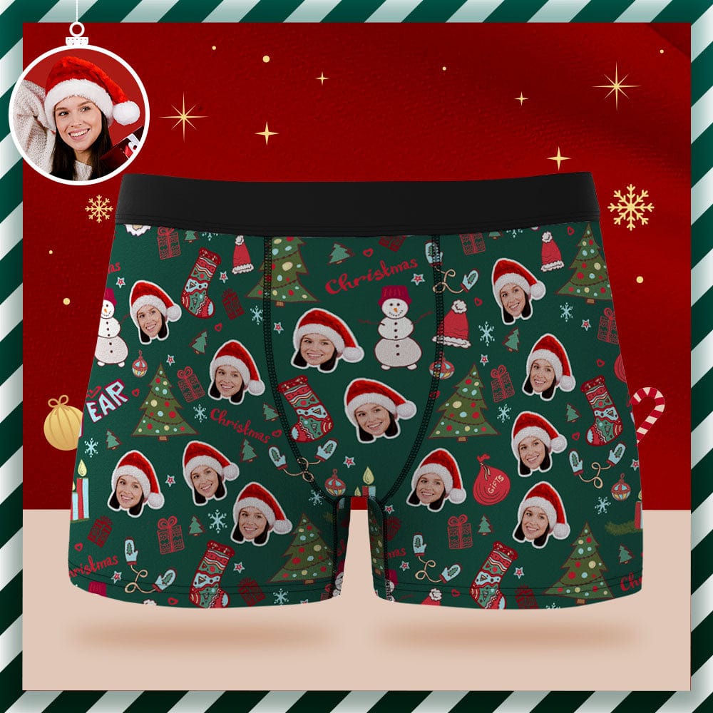 Custom Face Boxer Briefs Personalized Green Underwear Santa Claus Christmas New Year Gift for Him - Giftlab