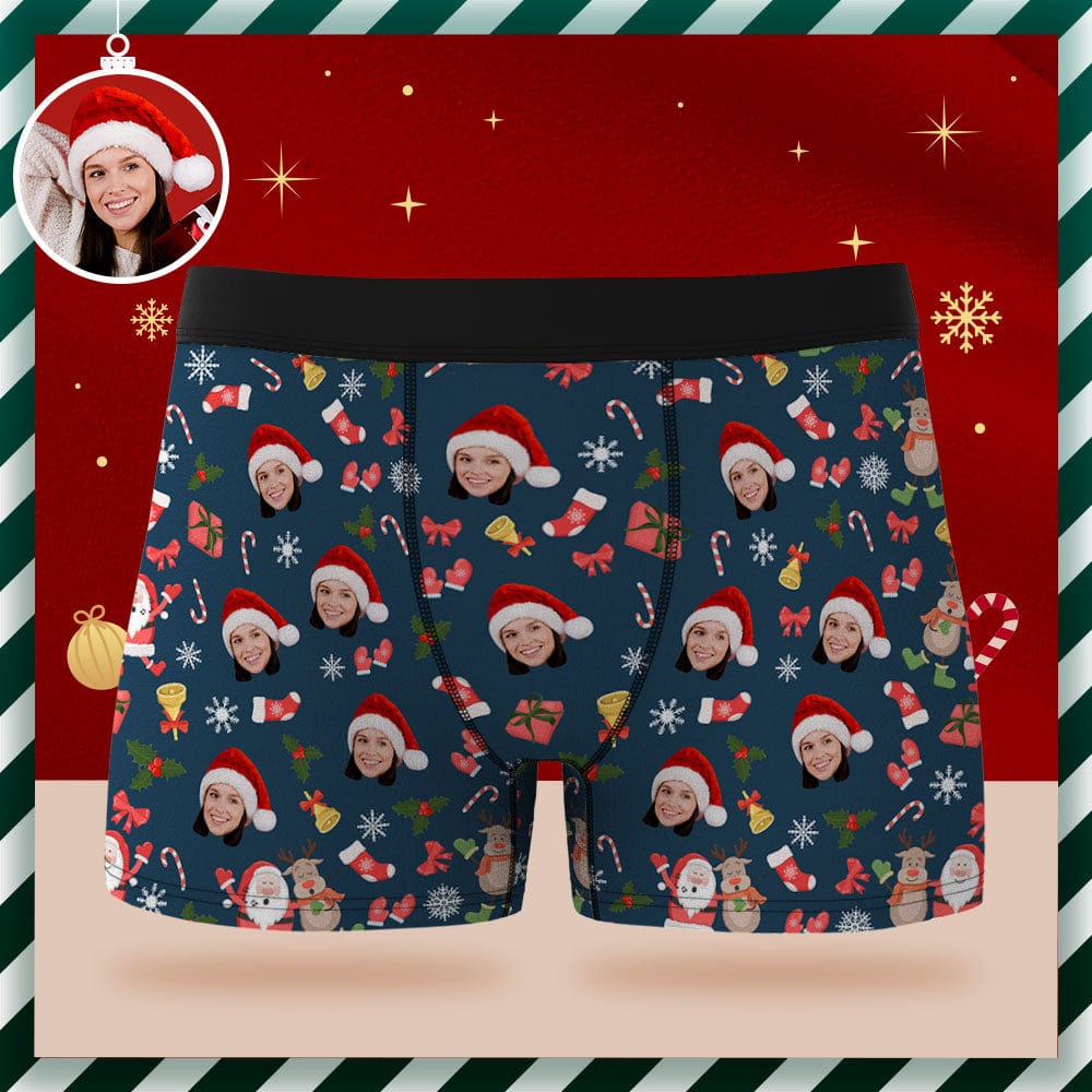 Custom Face Boxer Briefs Personalized Underwear Santa Claus and Elk Merry Christmas Gifts for Him - Giftlab