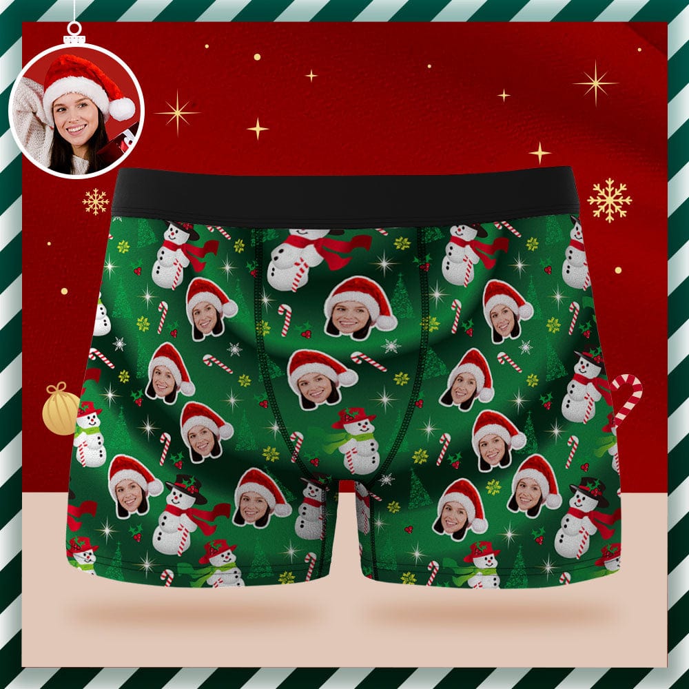Custom Face Boxer Briefs Personalized Green Underwear Snowman Christmas Gifts for Him - Giftlab