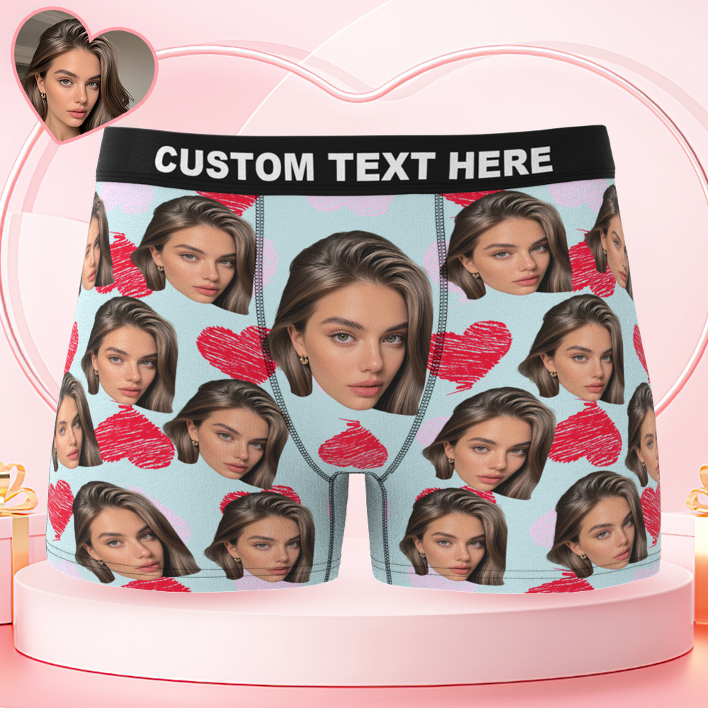 Valentine's Day Gifts Custom Big Face Boxer Shorts Colorful Waistband Light Blue Boxer Briefs Red and Pink Hearts Gifts For Him - GiftlabUS