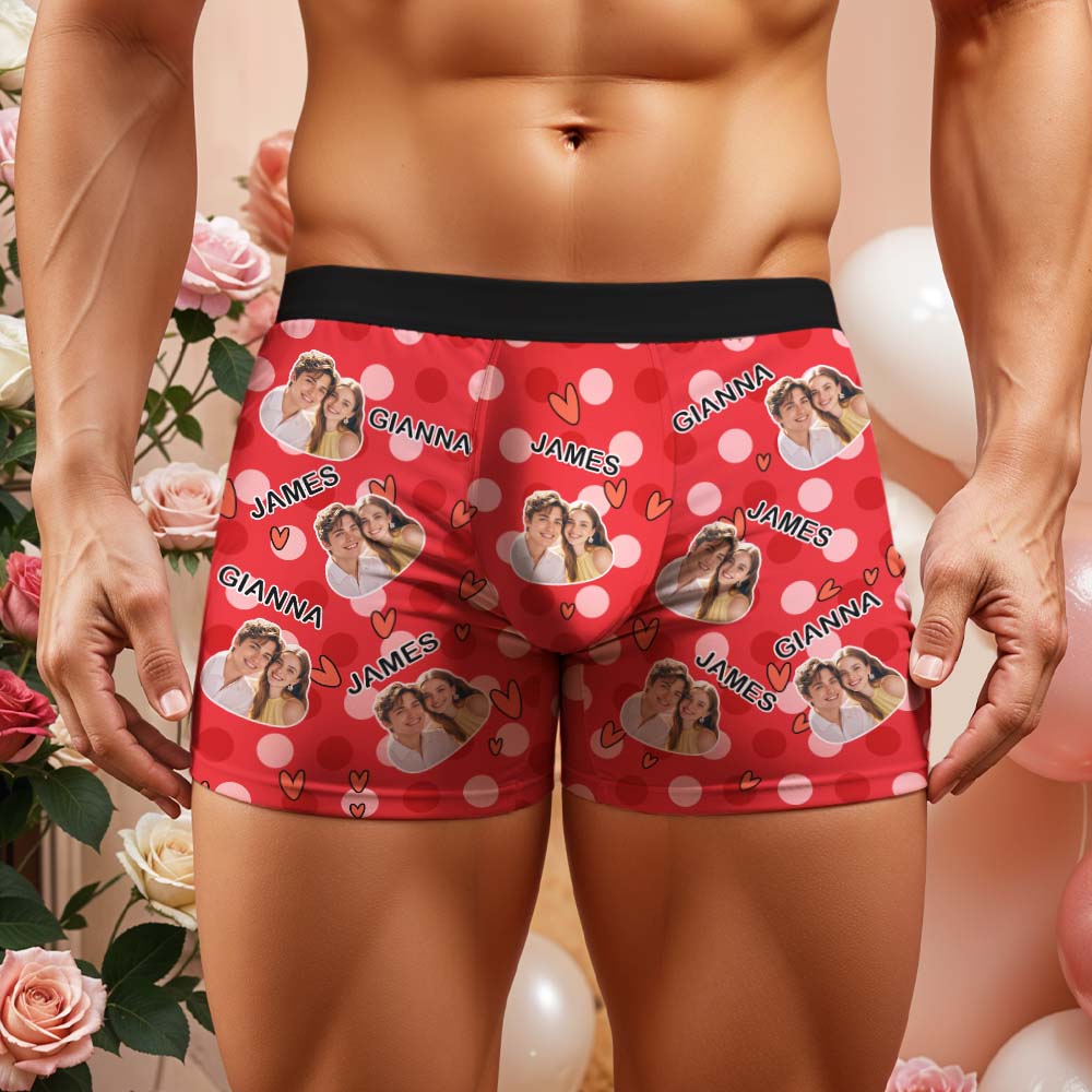 Custom Men's Boxer Shorts Personalized Multicolor Heart Dot Photo Brief Boxer with Name Valentine's Day Gift - GiftlabUS