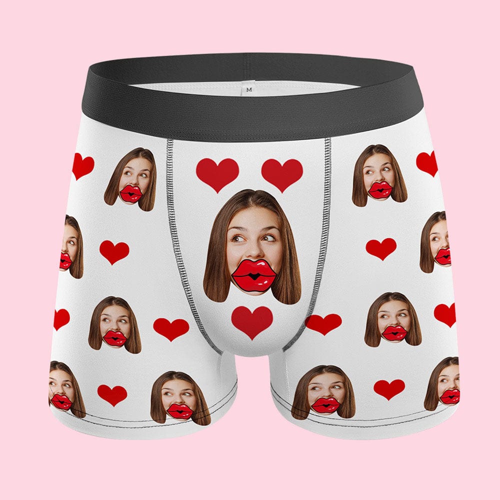 Custom Face Red Lips and Heart Boxer Personalized Valentine's Day Gift For Him - Giftlab