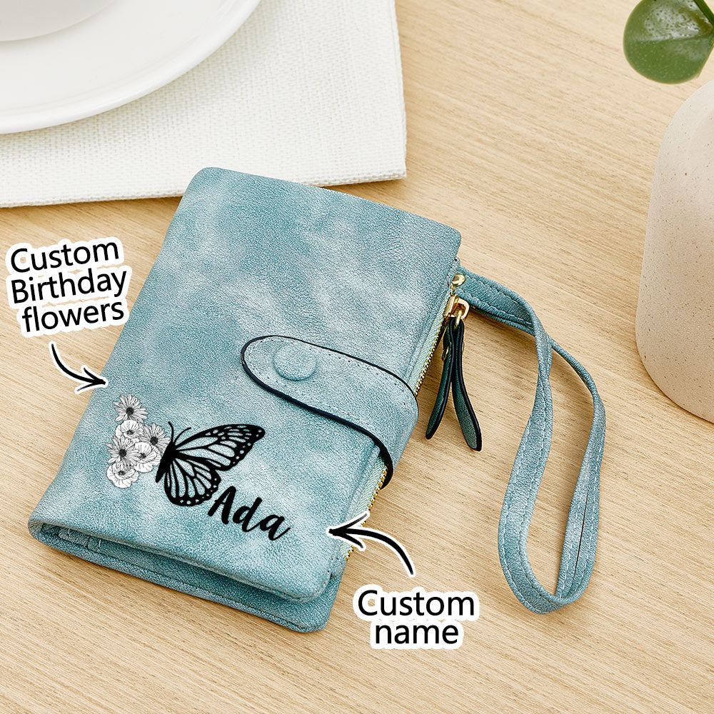 Custom Tri-Fold Butterfly Birth Flower Leather Wallet with Coin Holder Personalized Mother's Day Gift for Woman - Myphotowallet