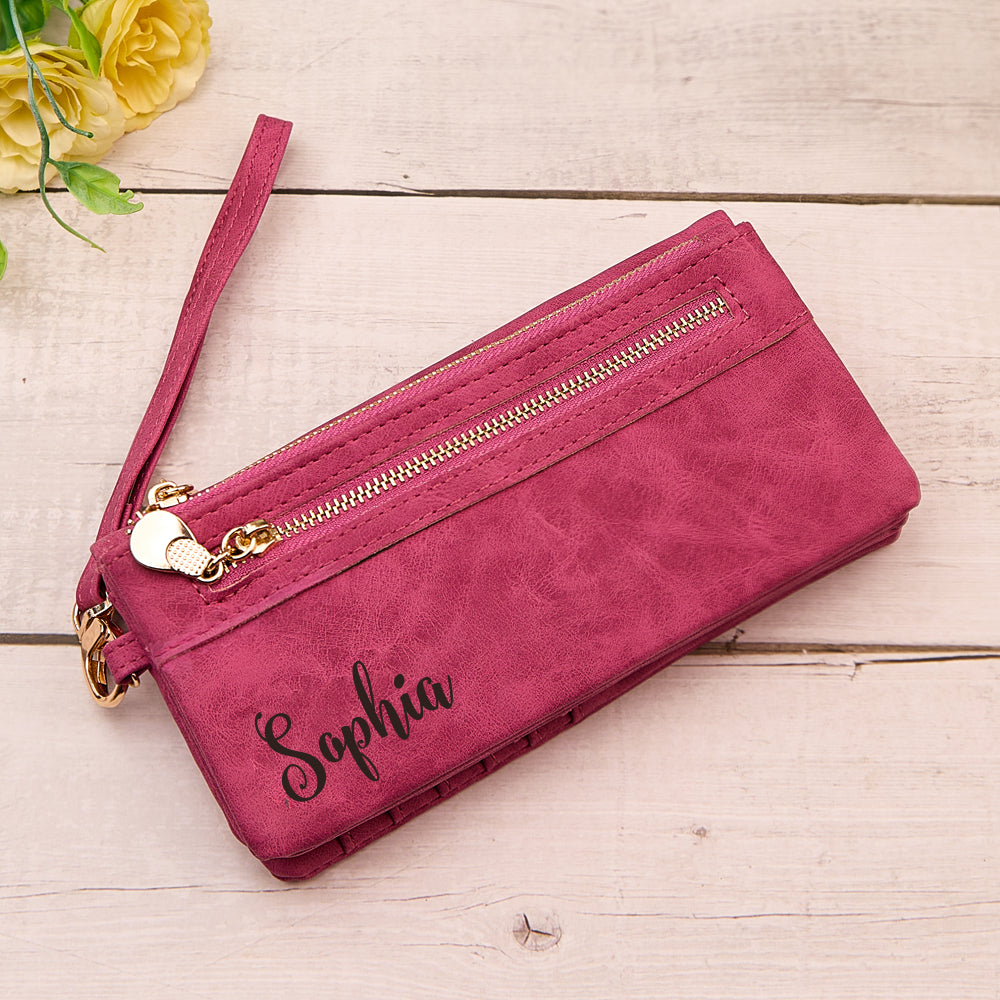 Personalized Leather Wallet with Wristlet Custom Text Wallet Birthday Bridesmaid Gift for Her - Myphotowallet