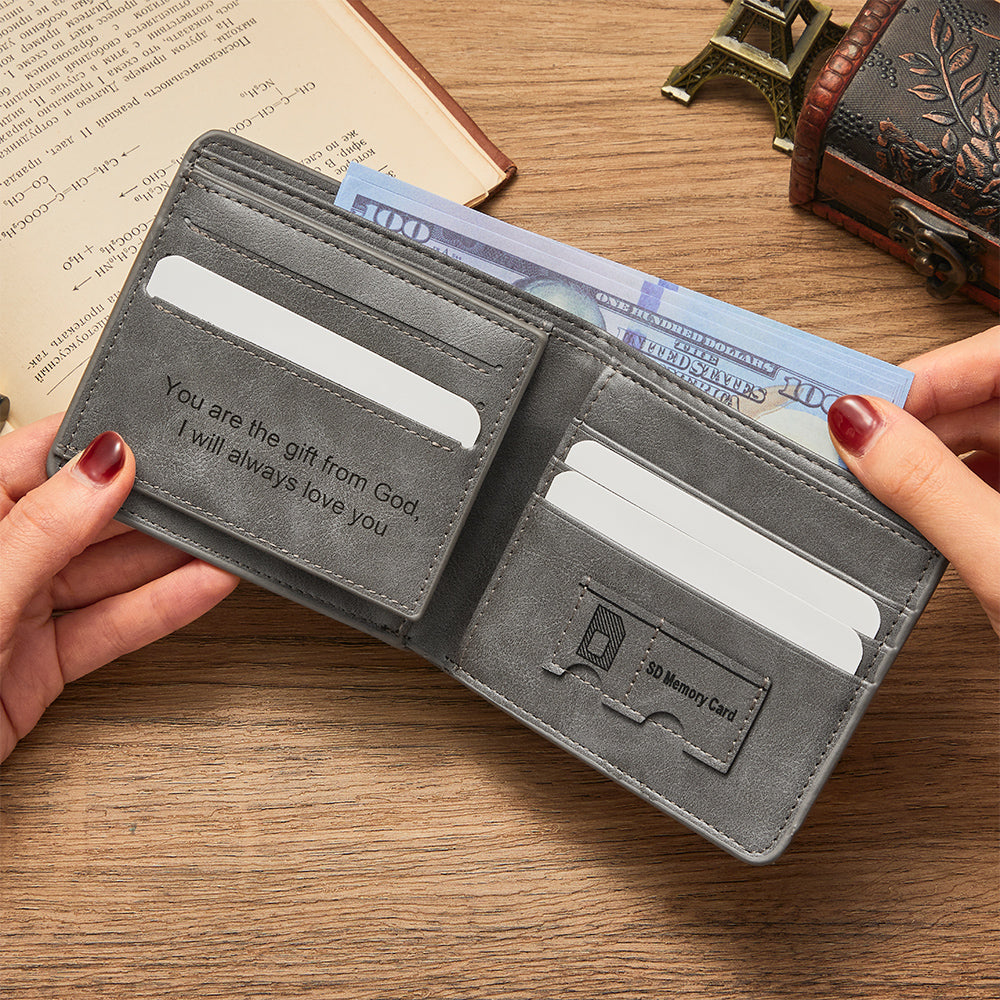 Anniverary Gifts - Men's Custom Engraved Wallet Custom Name Wallet Grey Leather