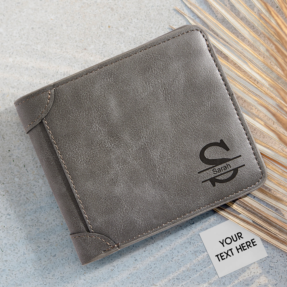 Anniverary Gifts - Men's Custom Engraved Wallet Custom Name Wallet Grey Leather