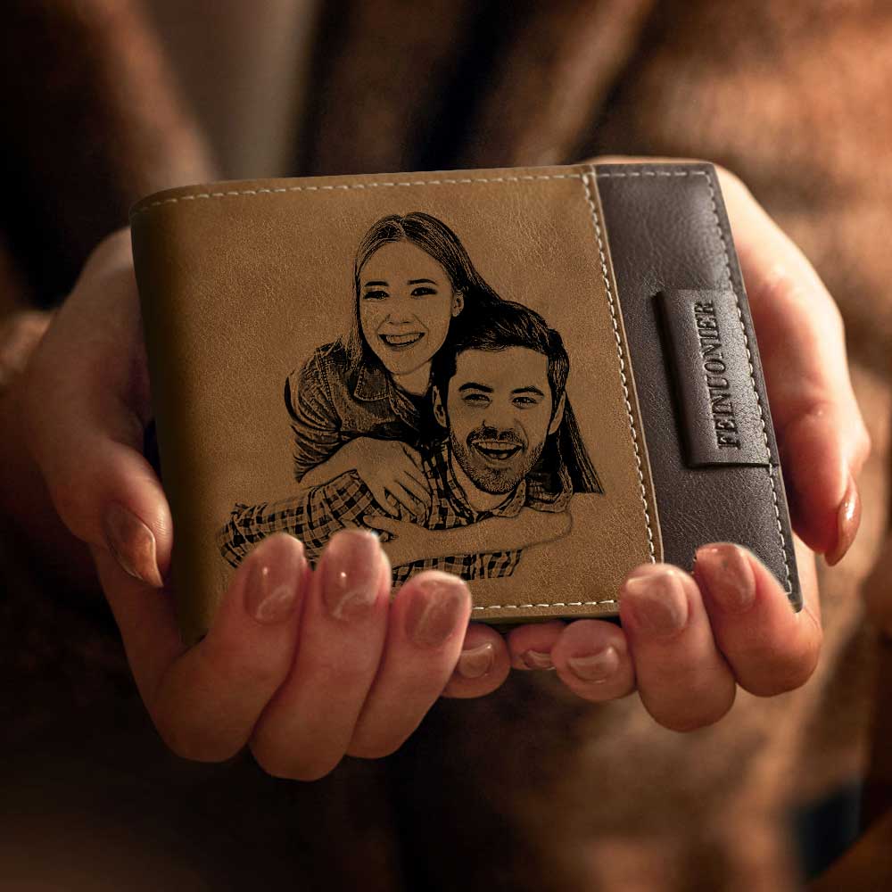 Anniversary Gifts - Men's Custom Photo Engraved Wallet RFID Blocking Wallet Brown Personalized Wallets