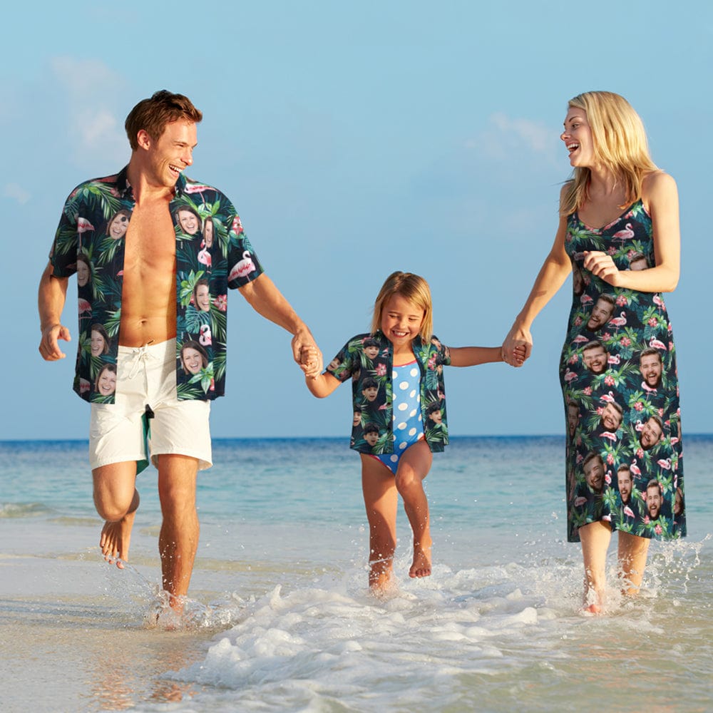 Custom Face Hawaiian Style Flamingo Flower Long Dress And Shirt Family Matching - Giftlab