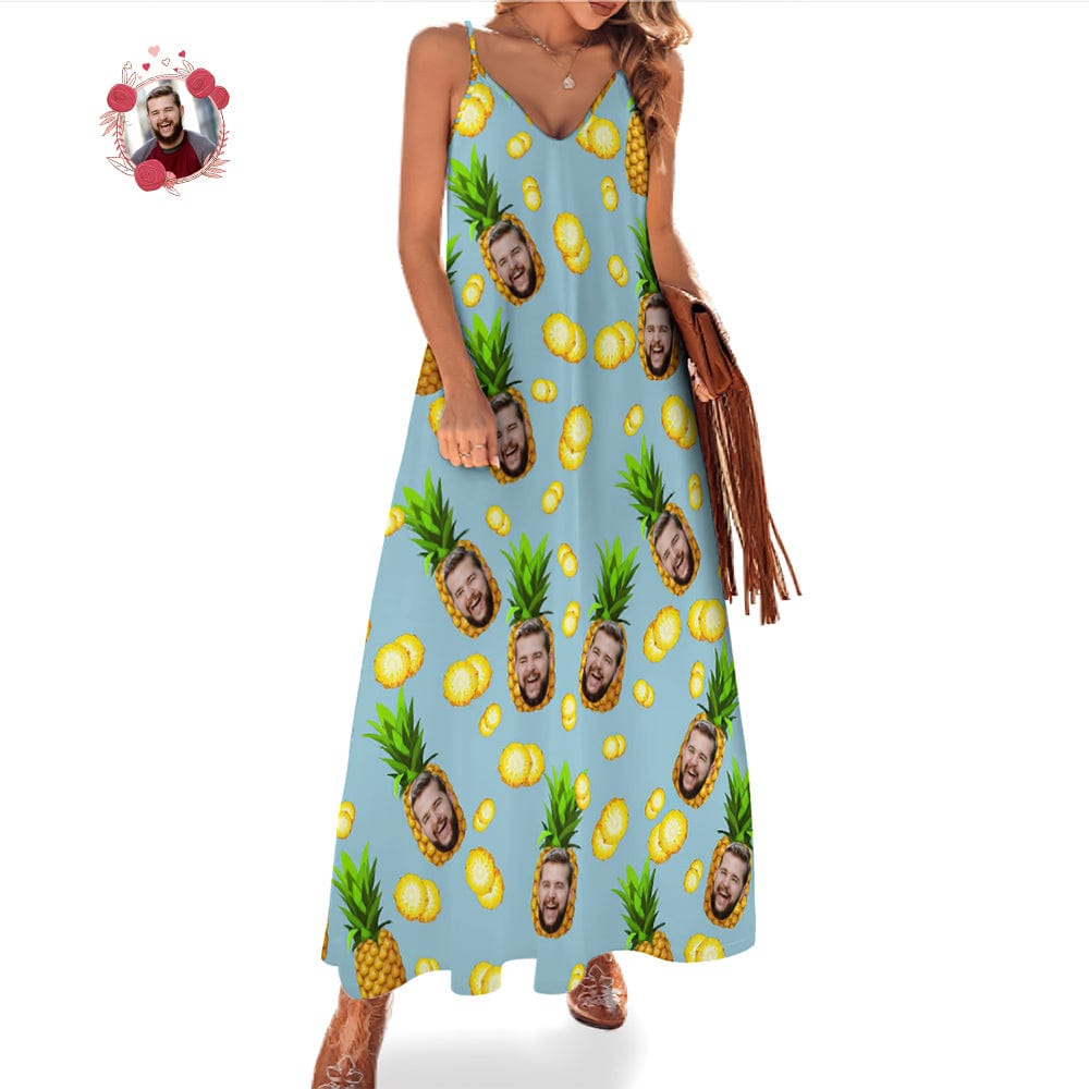 Custom Face Hawaiian Style Big Pineapple Long Dress And Shirt Family Matching - Giftlab
