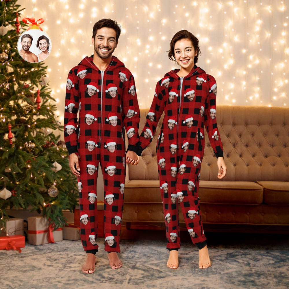 Custom Onesies Photo Pajamas One-Piece Sleepwear Red and Black Plaid Jumpsuit Homewear Christmas Gift - Giftlab