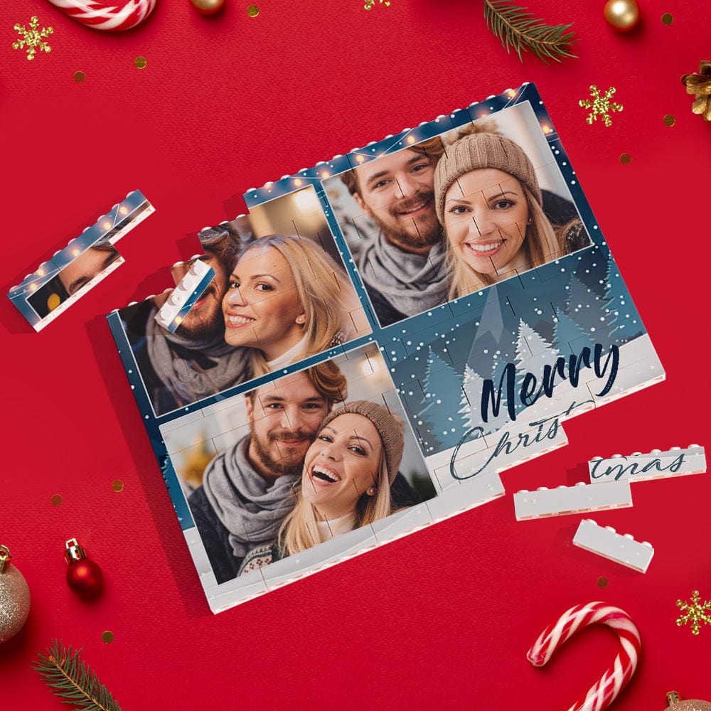 Custom Building Block Puzzle Personalized Blue Horizontal Trio Couple Photo Brick Christmas Gift - Giftlab