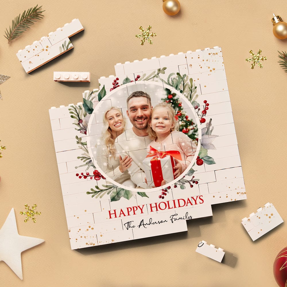 Custom Building Block Puzzle Square Family Photo Brick Happy Holidays - Giftlab