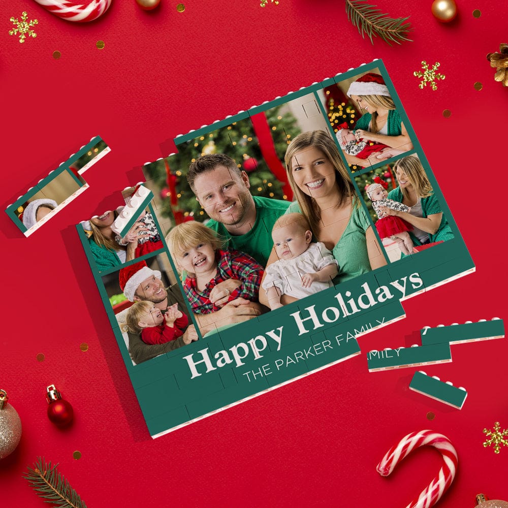 Custom Building Block Puzzle Personalized Horizontal Trio Photo Brick Happy Holidays - Giftlab