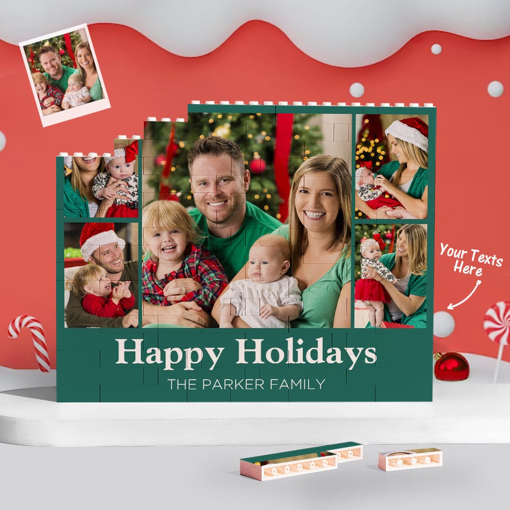 Custom Building Block Puzzle Personalized Horizontal Trio Photo Brick Happy Holidays - Giftlab
