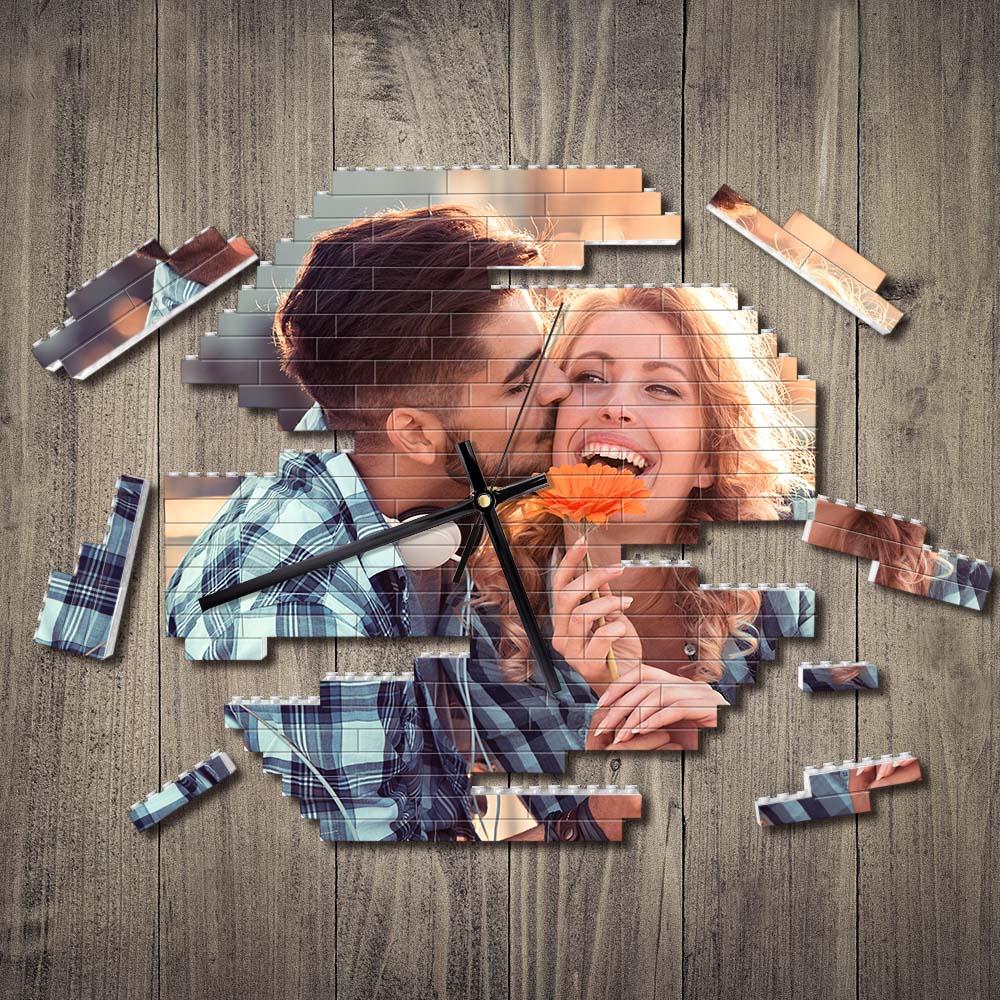 Custom Building Blocks Wall Clock Personalized Puzzle Custom Photo Brick Clock Gift For Couple - Giftlab