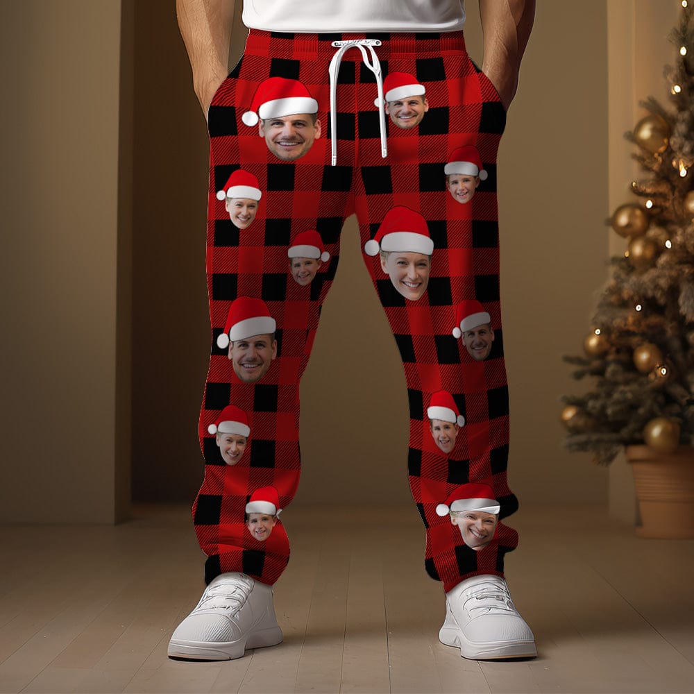 Custom Face Sweatpants Personalized Photo Christmas Family Buffalo Plaid Golf Pants for Him - Giftlab