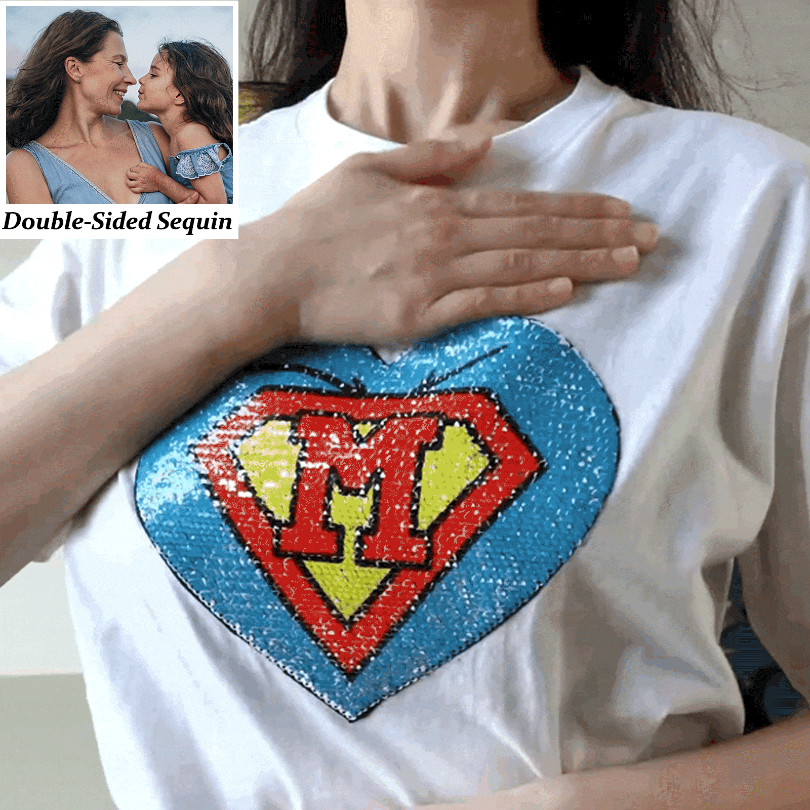 Custom Photo Heart Flip Double Sided Sequin T-shirt Personalized Picture Sequin Tee Mother's Day Gifts - Giftlab