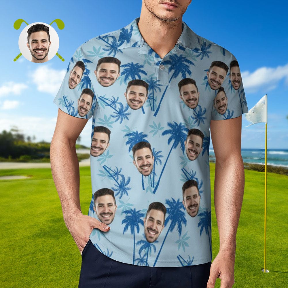 Father's Day Gift Men's Custom Face Polo Shirt Personalized Light Blue Hawaiian Golf Shirts - Giftlab