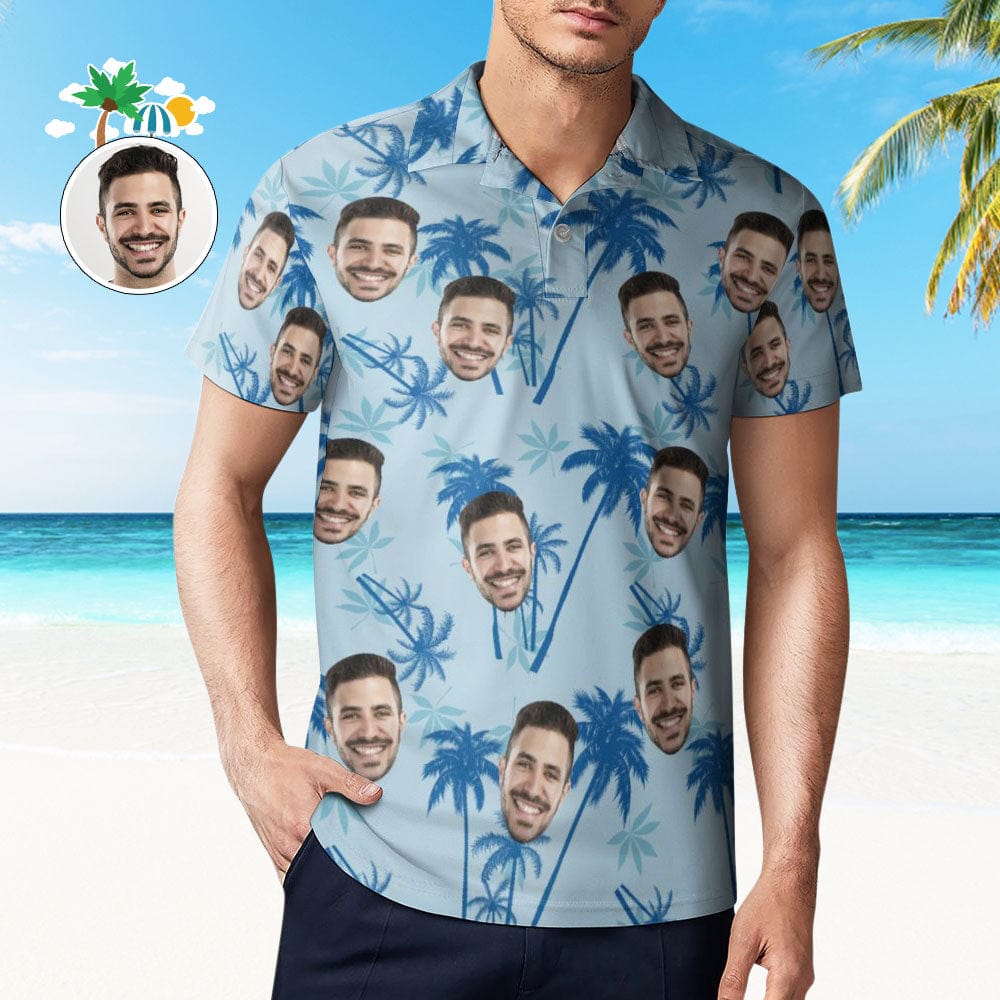 Father's Day Gift Men's Custom Face Polo Shirt Personalized Light Blue Hawaiian Golf Shirts - Giftlab