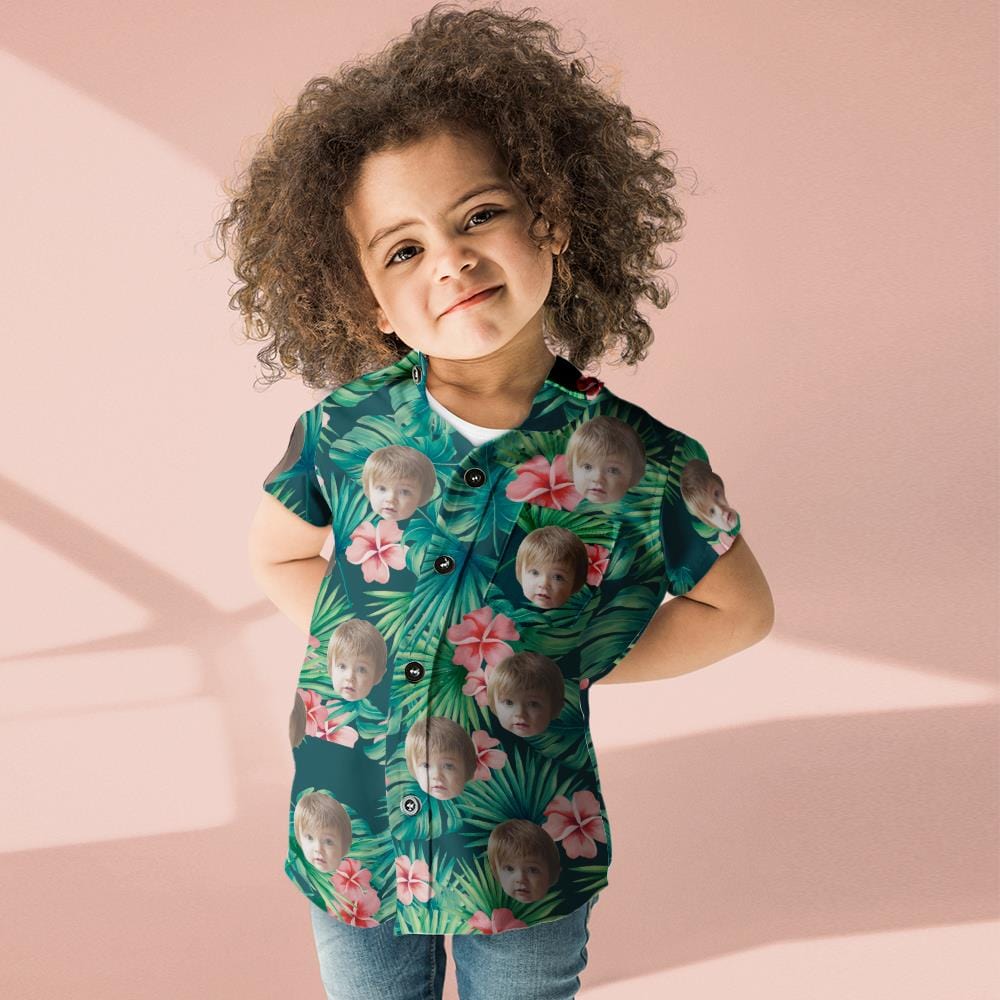 Custom Face Hawaiian Shirt Kid's All Over Print Red Flowers Short Sleeve Shirt - Giftlab