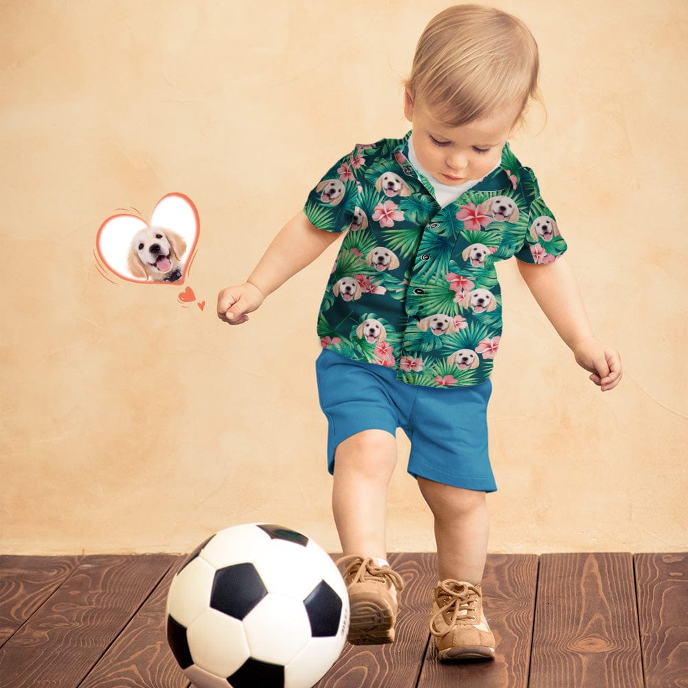 Custom Face Hawaiian Shirt Kid's All Over Print Red Flowers Short Sleeve Shirt - Giftlab