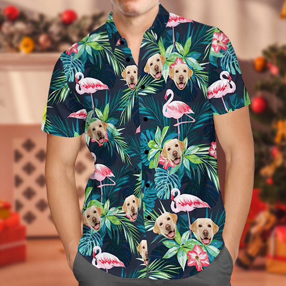 Christmas Gifts Custom Hawaiian Shirt with Face Custom Dog Face Shirt Leaves & Flamingo Button Down Shirts - Giftlab
