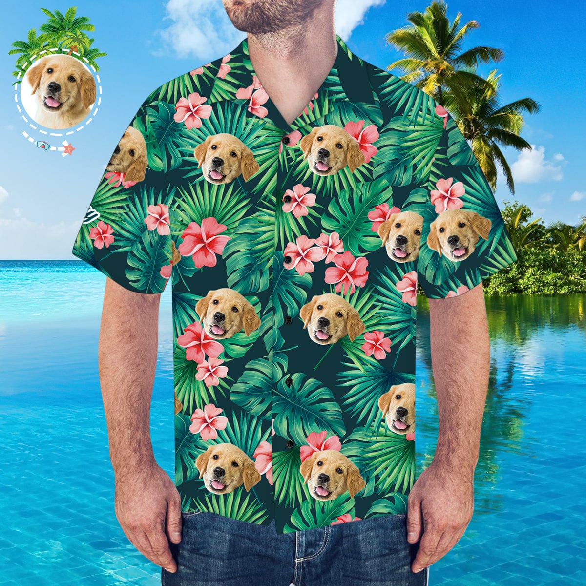 Custom Hawaiian Shirt with Dog Face Men's Hawaiian Shirt Red Flowers Casual Shirt - Giftlab