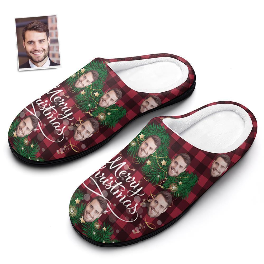 Custom Photo Christmas Cotton Slippers Plaid House Slippers Gifts for Mom - Giftlab
