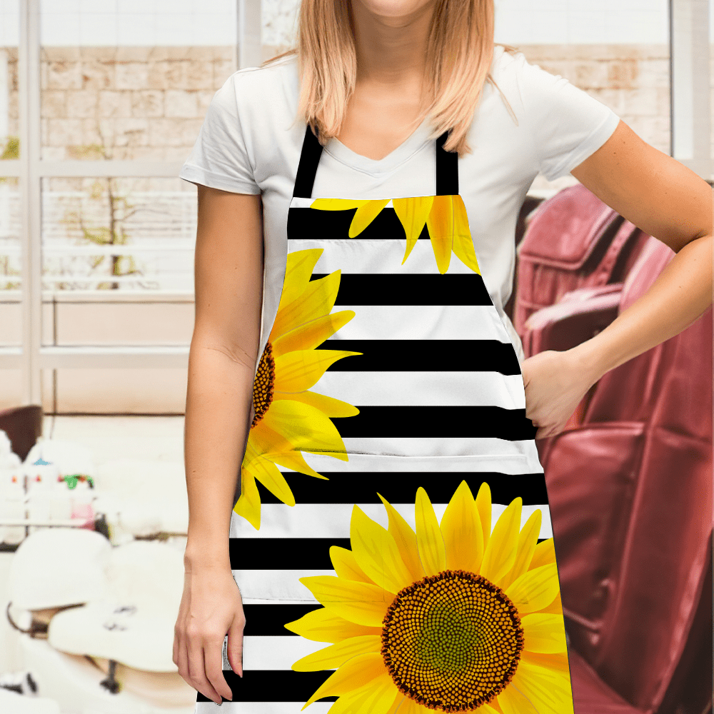 Personalized Apron Sunflowers On Striped Black and White Gifts for Mom - Giftlab