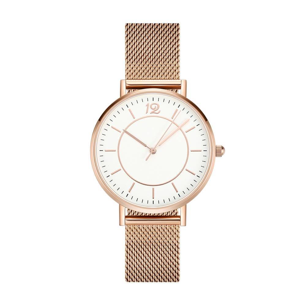 Mesh Quartz Watch In Stainless Steel Rose Gold Strap And White Dial For Women - Giftlab
