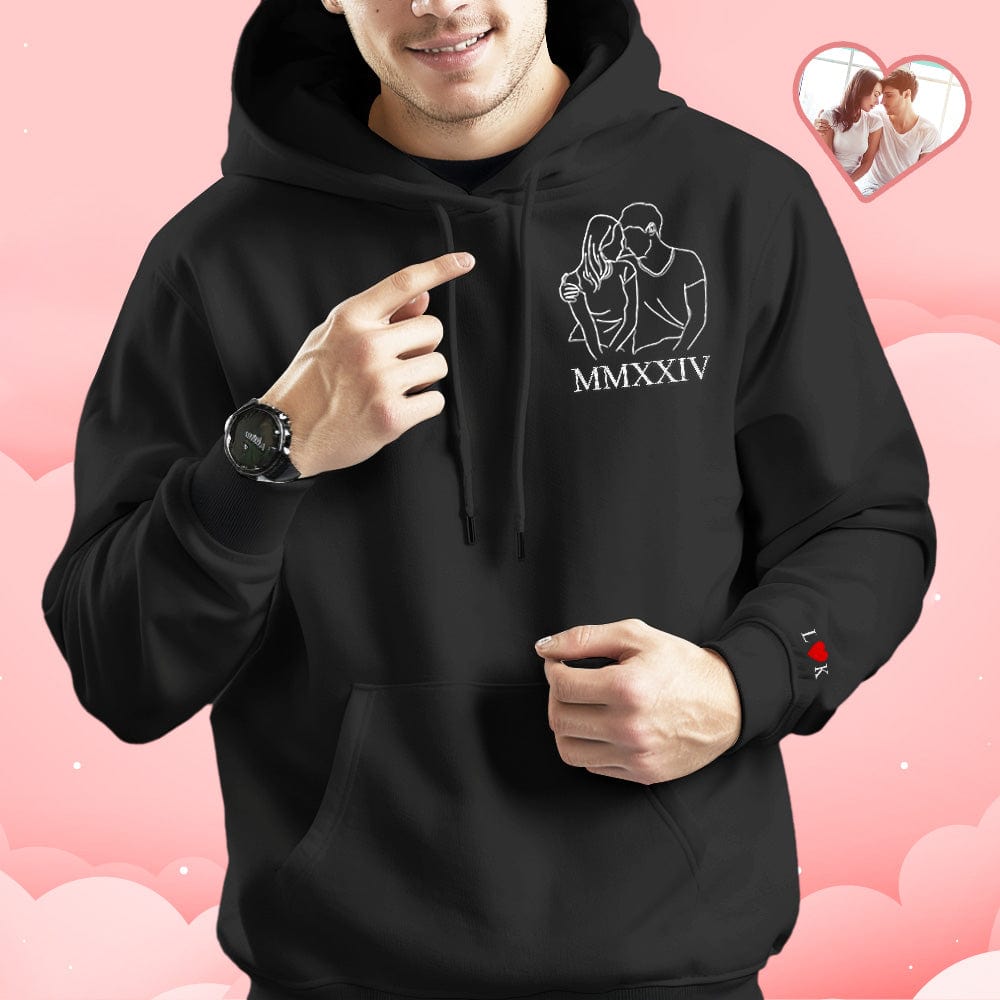 Custom Embroidered Photo Outline Hoodie With Roman Numerals Sweatshirt Gifts For Couples - Giftlab