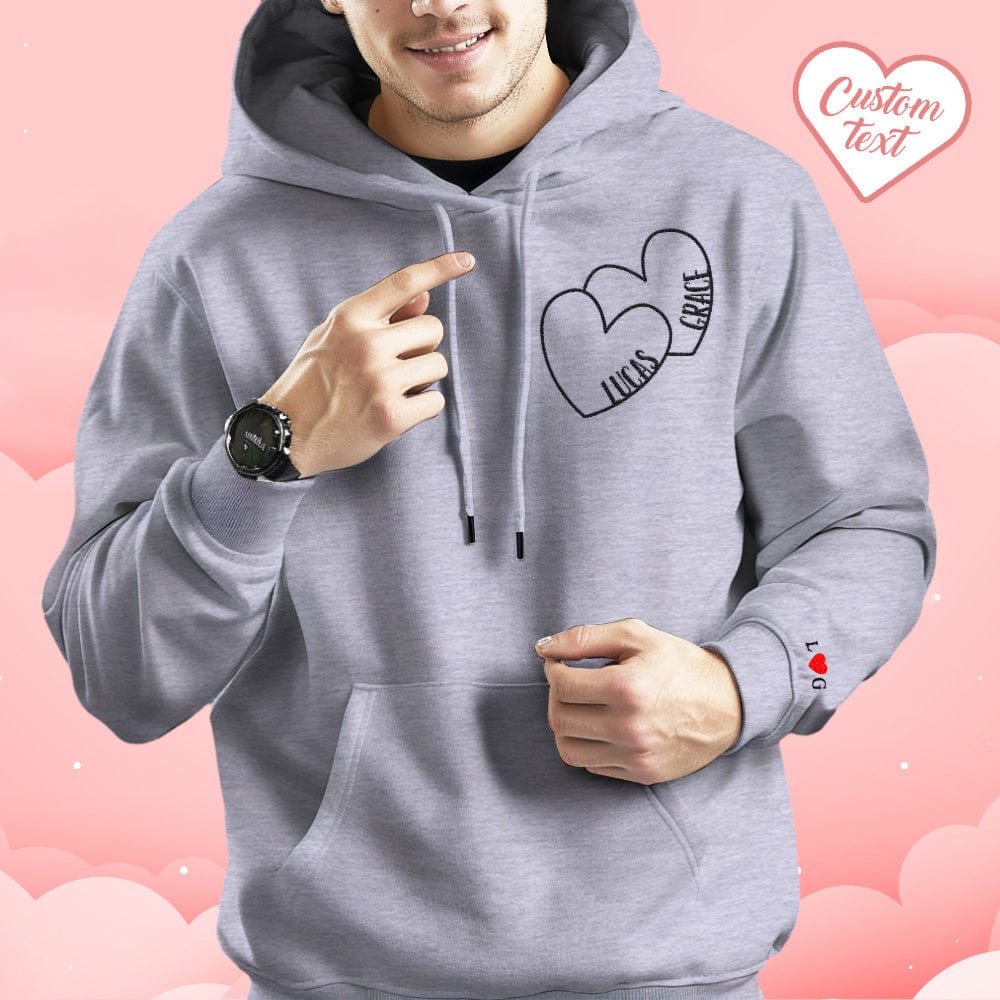 Custom Text Embroidered Hoodie Romantic Double Hearts Sweatshirt Valentine Gift - Giftlab