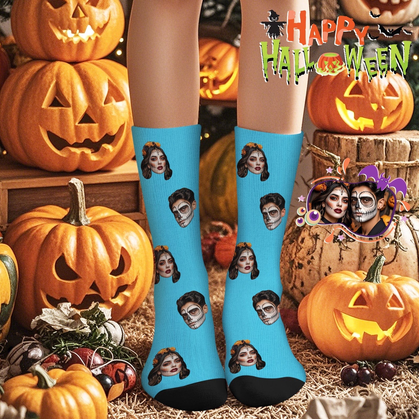 Halloween Sock Gifts Custom Face Socks With Your Text 3D Preview Colorful Socks - Giftlab