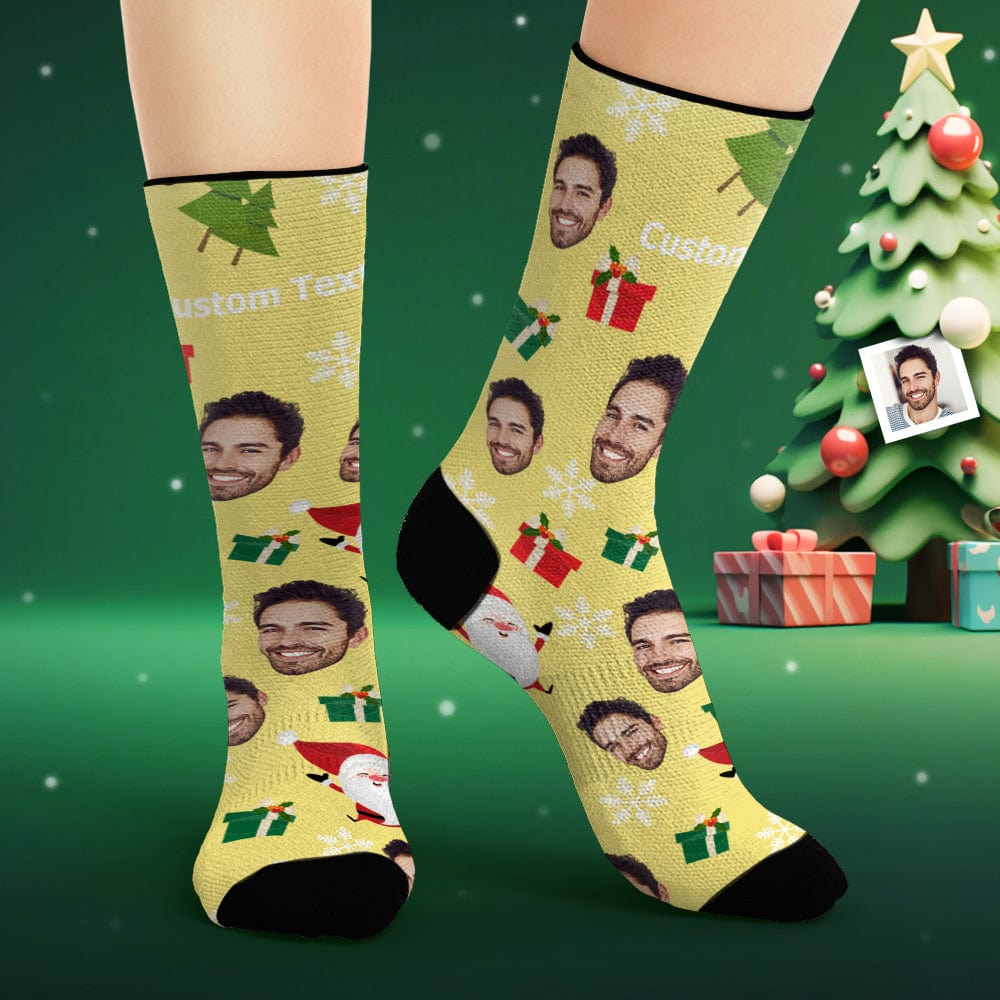 Custom Face Socks Personalized Photo Yellow Socks Cute Santa Claus - Giftlab