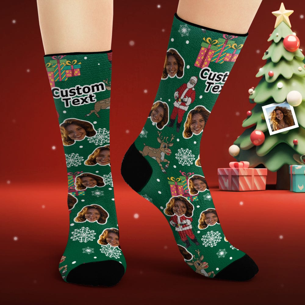 Custom Face Socks Personalized Photo Green Socks Santa Claus and Gifts Merry Christmas - Giftlab