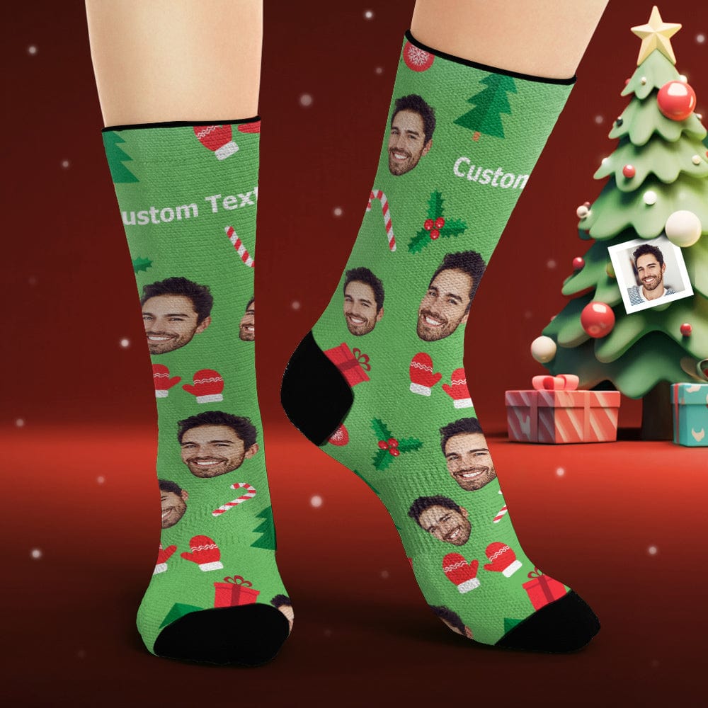 Custom Face Socks Personalized Photo Green Socks Christmas Gingerbread Man - Giftlab