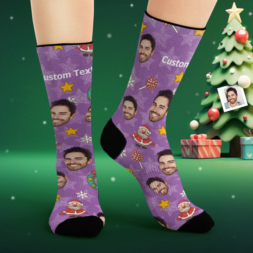 Custom Face Socks Personalized Photo Purple Socks Cartoon Christmas Elements - Giftlab