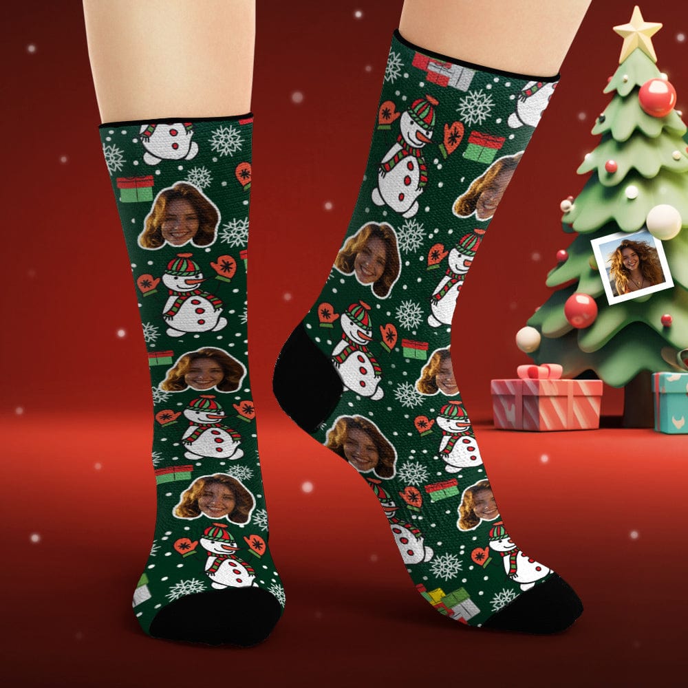 Custom Face Socks Personalized Photo Green Socks Funny Snowman - Giftlab
