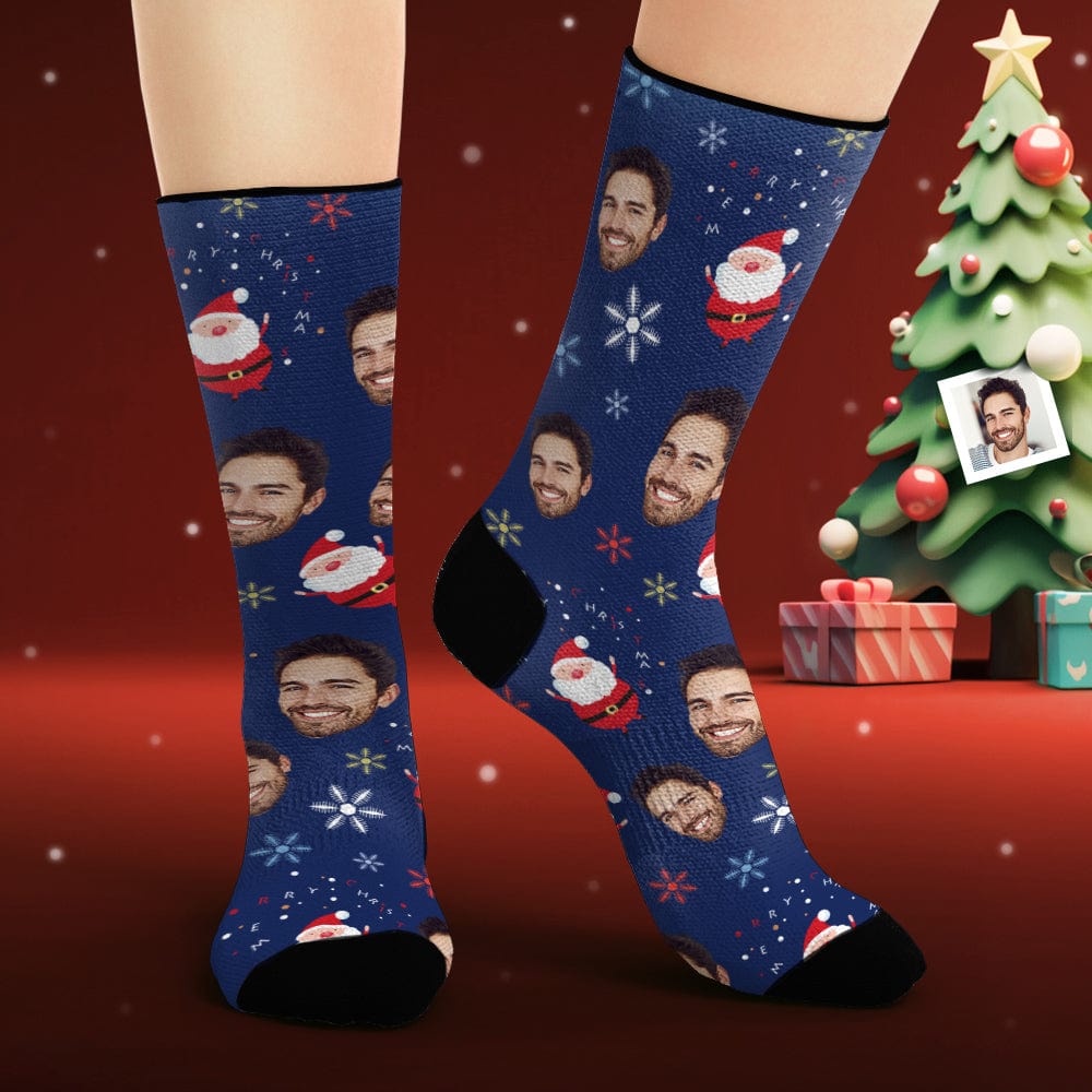 Custom Face Socks Personalized Photo Blue Socks Cute Santa Claus - Giftlab