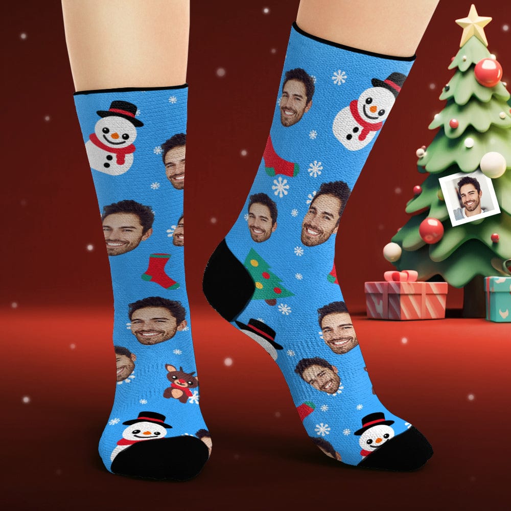 Custom Face Socks Personalized Photo Blue Socks Cartoon Santa Claus and Snowman - Giftlab