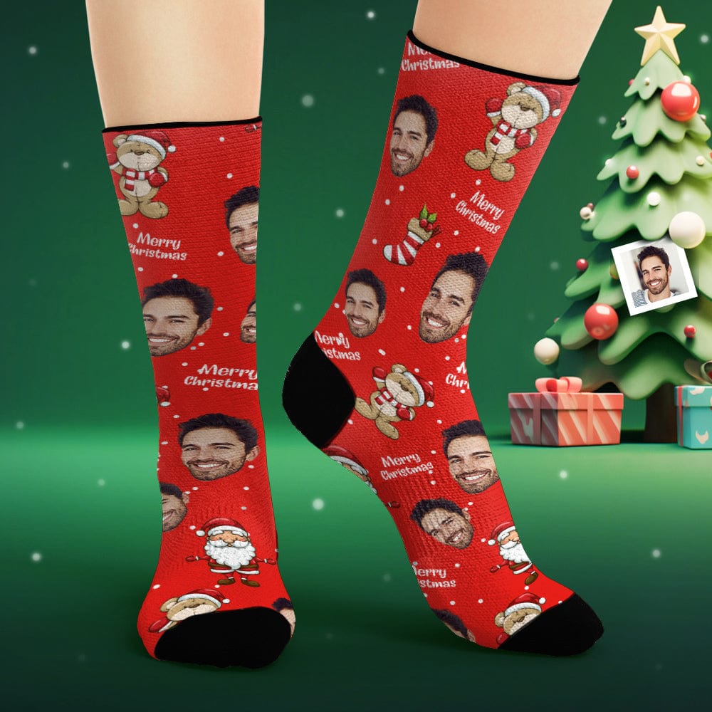 Custom Face Socks Personalized Photo Red Socks Merry Christmas - Giftlab