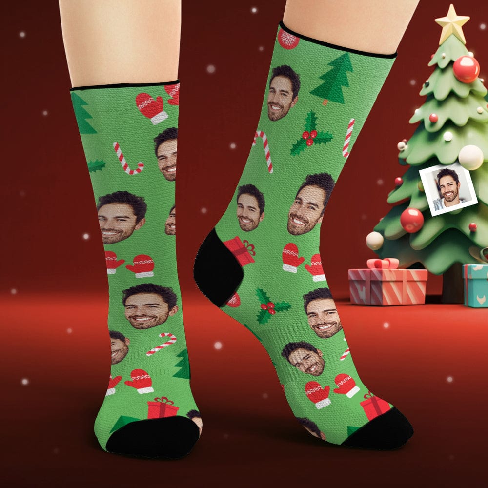 Custom Face Socks Personalized Photo Green Socks Christmas Gingerbread Man - Giftlab