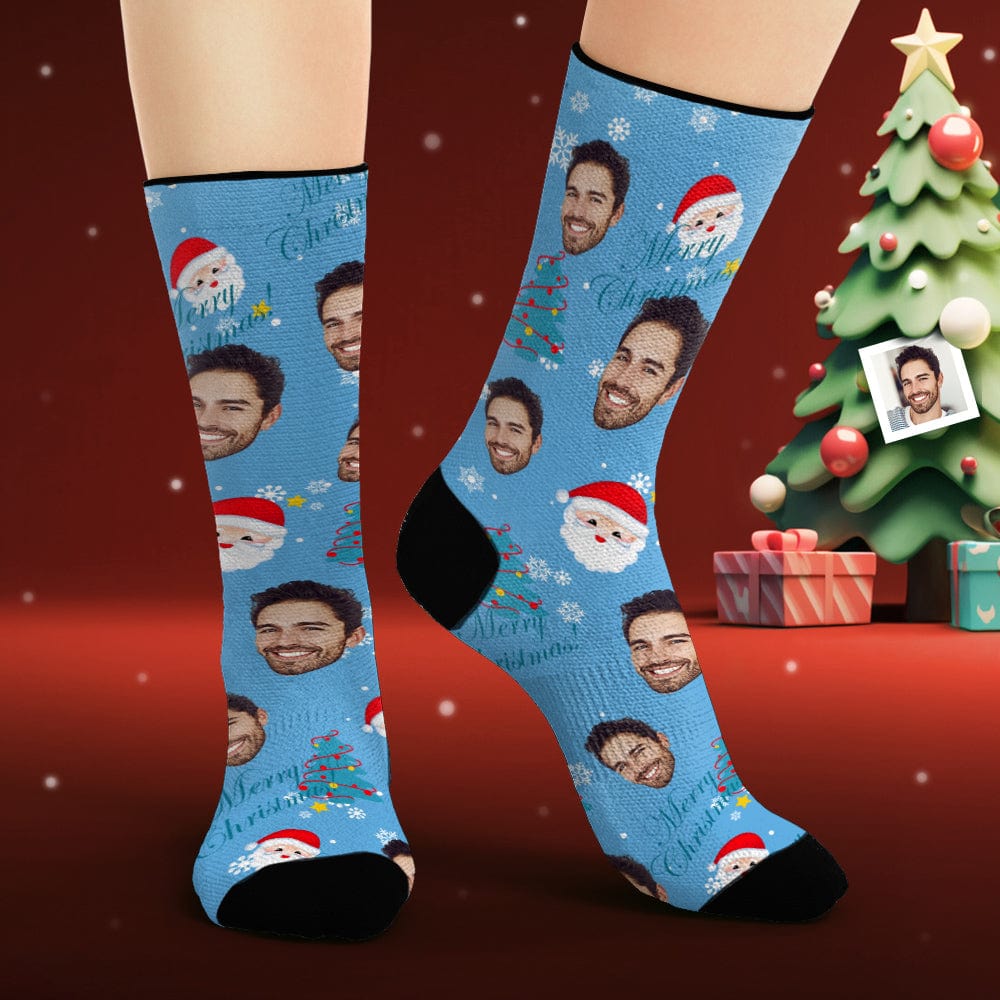 Custom Face Socks Personalized Photo Blue Socks Santa Claus and Elk - Giftlab