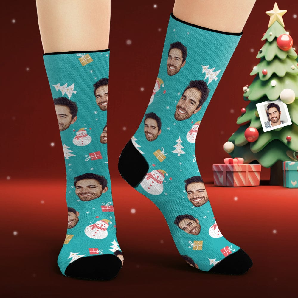 Custom Face Socks Personalized Photo Blue Socks Snowman Merry Christmas - Giftlab